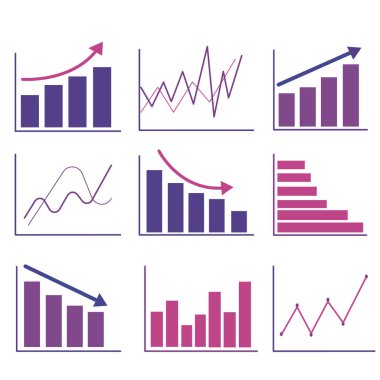 Mor renkli grafik ikonlar, leylak rengi. İş grafiği Oklu bir iş grafiği. Bir büyüme grafikleri koleksiyonu. 