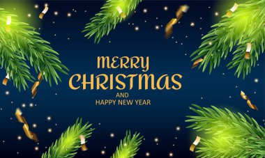 Mutlu noeller ve mutlu noeller ağaç dallı yeni yıl bayrağı, mavi arka planda flamalar.