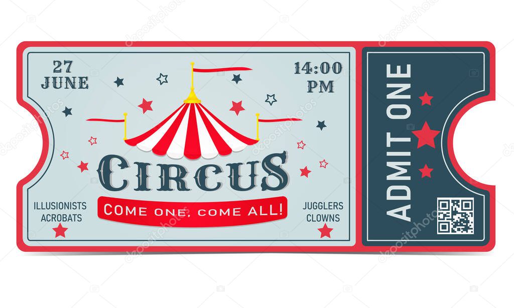 Circus ticket. An invitation to the circus. QR code. Jugglers, clowns, illusionists, acrobats.