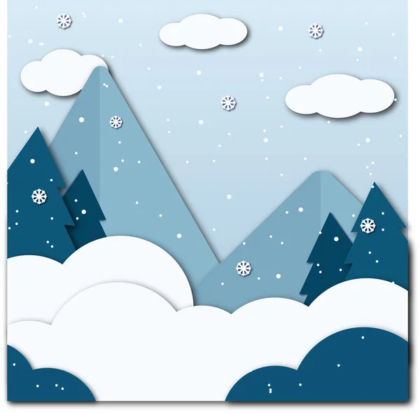 Winter Landscape Paper Style Paper Cut Christmas Tree Mountain — Stock Vector