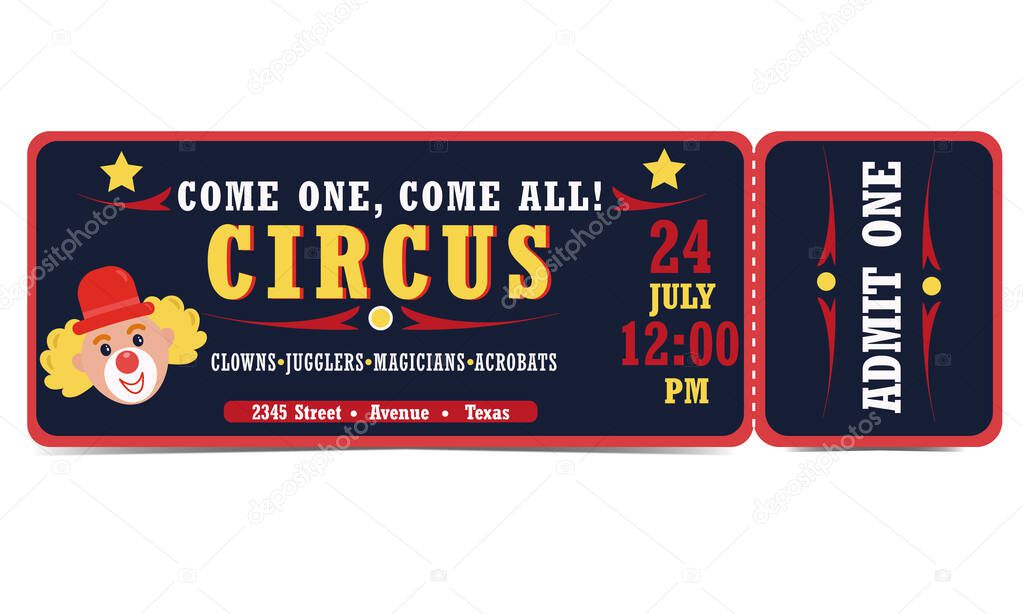 Circus ticket. Blue background. Clowns jugglers magicians acrobats.