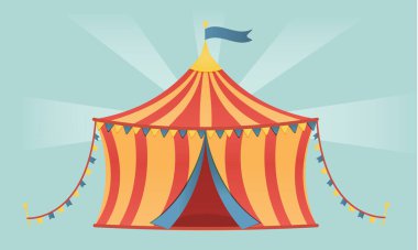 Sirk çadırı turuncu, kırmızı. Mavi arkaplanda. 