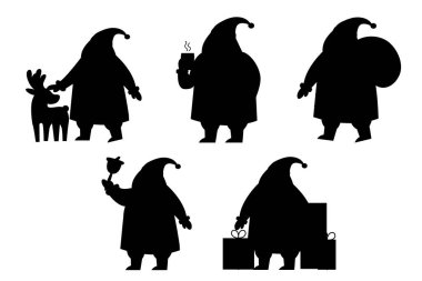 Siyah siluet Noel Baba Ren geyiği hediyeleri ve tatil çanlarıyla hazır.