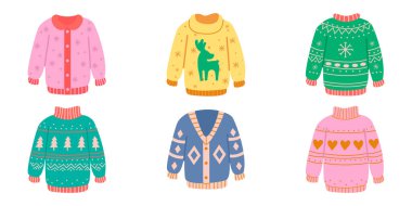 Düğmeli Noel kazakları ve renkli örgü şenlikleri.