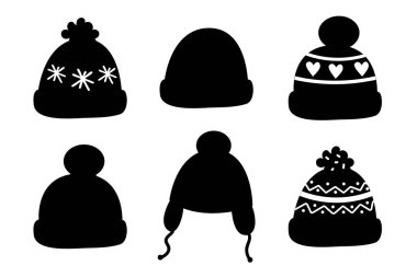 Sade örülmüş şenlik tasarımlı siyah siluet kış şapkaları