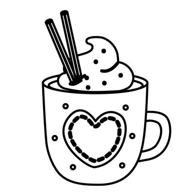 Kalp motifli kakao kupası ve tarçın çubuğu şenlik süslemesi.