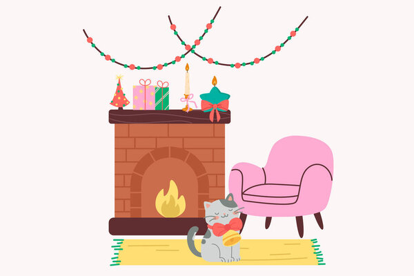 Cozy festive interior with decorated shelves fireplace and cat