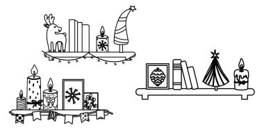 İçi çelenk ve hediyelerle dolu şenlikli bir raf.