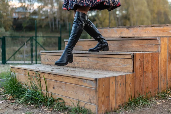 Neşeli bir bayan bordo palet ve biet ile merdivenlerden yukarı çıkar, siyah elbiseli güzel bir gülümseme ile, mavi gökyüzüne karşı sonbaharda.