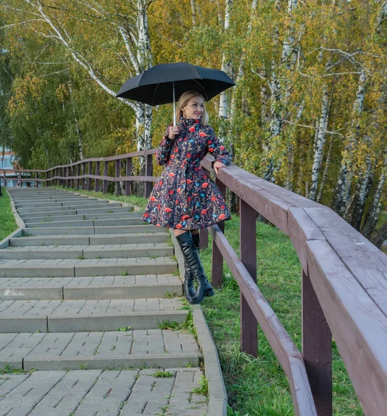 Lustiges Mädchen mit Regenschirm steht im Herbst in einer Jacke vor einem Zaun auf der Treppe. Gelber Wald, grünes Gras, blond. mit schönen Augen das Konzept des Vergleichs — Stockfoto