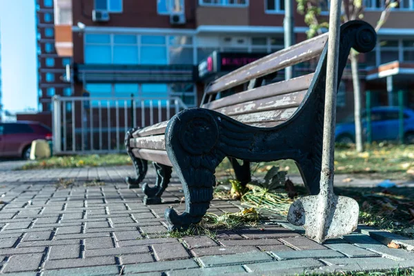 Banco de pá, azulejo de madeira enferrujado pavimentação, parque de outono grama verde — Fotografia de Stock
