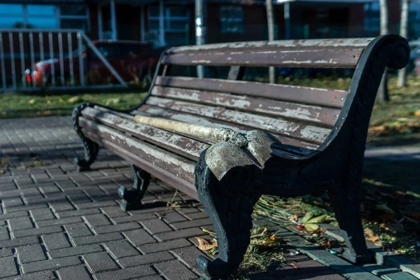 Banco com uma pá em um suporte de madeira e metal no parque da cidade de outono com grama verde — Fotografia de Stock