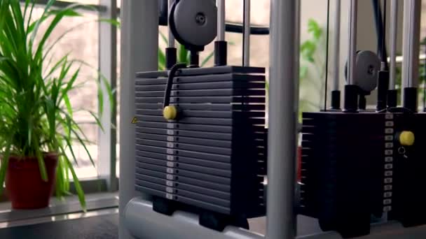De lading in fitness op de simulator stijgt en verlaagt het felle framelampje. Gewicht — Stockvideo