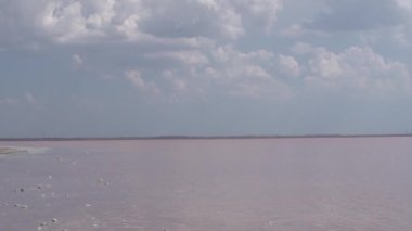 Kırım 'da tuzlu göl pembesi doğal taşlarla, yazın çekilen, sıcak güneşli, pembe havada, su manzaralı gökyüzü mineral arka planında, Arjantin' de. Eritage yaban suyu, estination sodyum