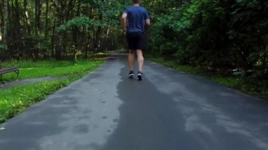 Parkta koşan bir sporcu ormanda, meşe ağaçlarında yeşil çimenler genç sporcu spor koşusu koşusu ayak koşusu maratonu yapıyor. Yaz enerjisi ilkbahar, ayak