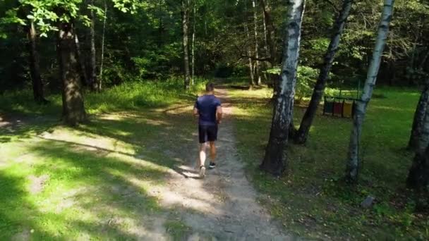 Sportowiec biegnie w parku na świeżym powietrzu, wokół lasu, dęby zielona trawa młoda wytrwała sportowiec aktywny styl życia jogger szkolenia nogi mężczyzna, człowiek lasu. biegacz rekreacyjny rozciąga się — Wideo stockowe