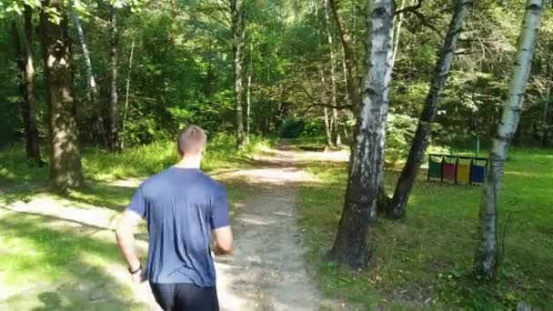 Een man atleet loopt in het park buiten, rond het bos, eiken bomen groen gras jonge duurzame atleet actieve atleet oefening, workout outdoor atletische joggen, joggen man. Herfst voorjaar — Stockvideo