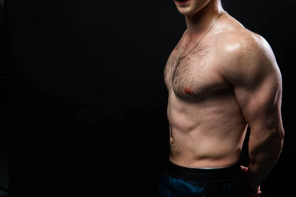 Mannen på svart bakgrund håller hantlar pumpas upp i fitness aktiv bröst svart, arm muskulös motion bodybuilder hantel, manliga bröstkorg. Attraktiv hud metall, människor passar händerna bakom ryggen — Stockfoto