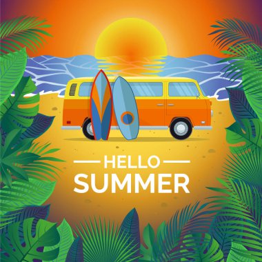 Retro otobüs ve rüzgar sörfü tahtaları. Kumsal. Yapraklar. Gün batımı. Vecror illüstrasyonu