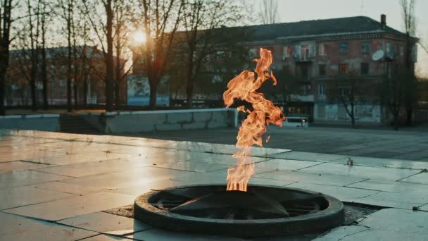 Eternal Flame - símbolo de victoria en la Segunda Guerra Mundial. Llama eterna ardiente y estrella en la tumba masiva de los soldados movimientos lentos — Vídeos de Stock