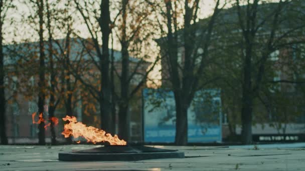 Fiamma Eterna - simbolo di vittoria nella Seconda Guerra Mondiale. Bruciando fiamma eterna e stella a tomba di massa di soldati rallentano movimenti — Video Stock