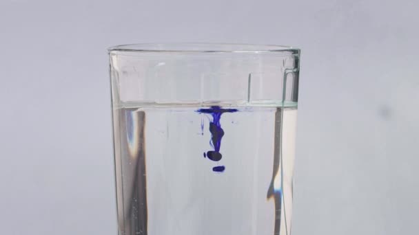 Beyaz zemin üzerinde duran saf su bardağına damlayan küçük açık mavi mürekkep damlaları. Yavaş yavaş sıvı karışımı görkemli bir sıvı.. — Stok video