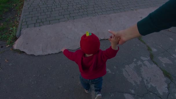 Madre salió a la calle con un niño pequeño, juega con él en sus brazos, el niño da los primeros pasos y aprende a caminar, una familia feliz, el niño aprende el mundo, Prores 422, bmpcc4k. — Vídeos de Stock