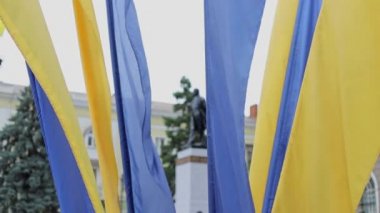 Ukrayna ulusal bayrağı bulutlu gökyüzüne karşı rüzgarda dalgalanıyor. Bayrak direğindeki Ukrayna bayrağı rüzgarda dalgalanıyor.