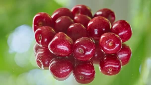 Primer plano, cerezas girando en un soporte. — Vídeo de stock