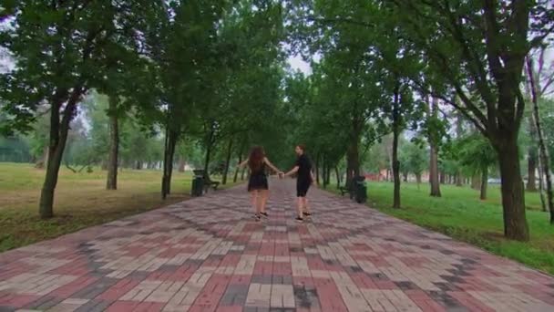 Молода пара, хлопець і дівчина бігають вздовж алеї в парку, обіймаючись, обманюючи, показуючи почуття один одному . — стокове відео