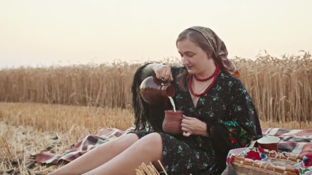 Chica con una jarra de leche en el campo, en una manta, comida cocinada para el agricultor, cena en el campo. — Vídeos de Stock