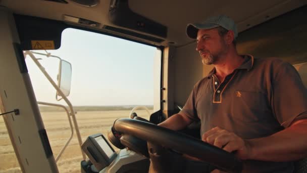 Farmer operates a harvester, harvesting wheat in the field, sunset. — Stock Video