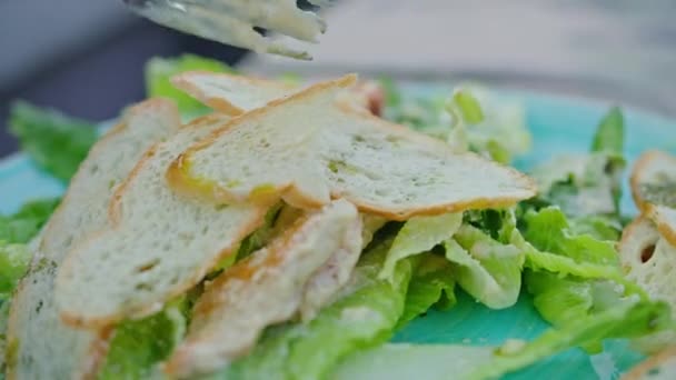 Jovem desfrutando de uma deliciosa salada de frango, tomate e croutons, comendo-o com um garfo, em um lugar agradável fresco no verão quente. — Vídeo de Stock