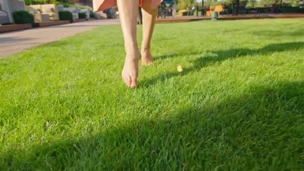Ung kvinna går på den gröna gräsmattan, ben, närbild — Stockvideo