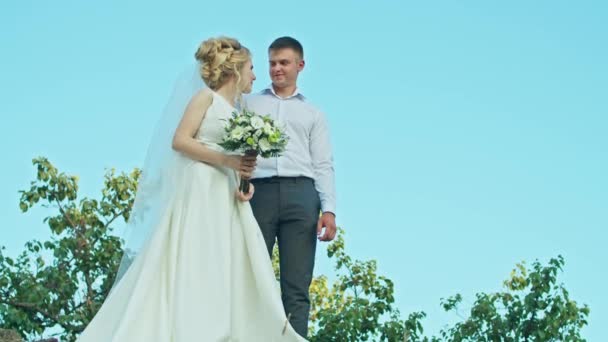 Cuplul de nuntă comunică pe fundalul cerului, mireasa cu un buchet de flori. Stând pe o stâncă . — Videoclip de stoc