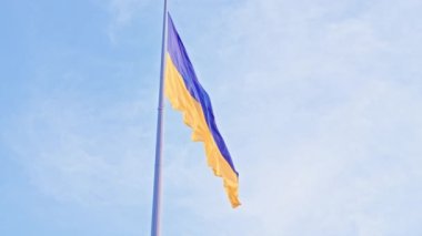 Ukrayna bayrağı, büyük bir bayrak direğinde mavi gökyüzünün arka planında dalgalanan ipek bir bayrak..