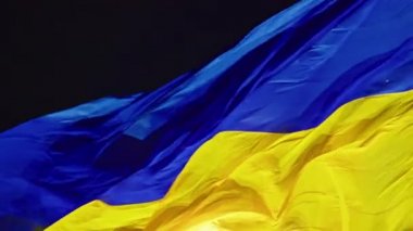 Ukrayna bayrağı, büyük bir bayrak direğinde gece gökyüzünün arka planında dalgalanan ipek bir bayrak..