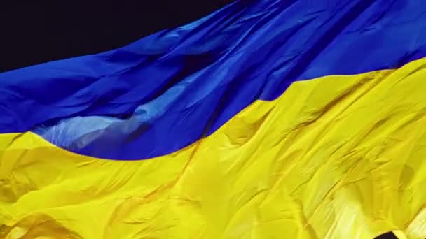 Прапор України, шовковий прапор летить на тлі нічного неба на великій флагштоці.. — стокове відео