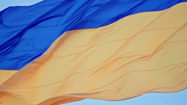 Ukrayna bayrağı, büyük bir bayrak direğinde mavi gökyüzünün arka planında dalgalanan ipek bir bayrak..