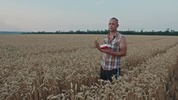 Krivoj Rog, Ukrajina - 07.18.2021 Ukrajinský farmář stojí s McDonalds burger v pšeničném poli — Stock video