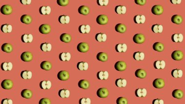 Renkli taze meyve deseni ve pastel arka planda organik yeşil elmalar. Yaratıcı geometrik minimalistik düz konsept, basit düzenleme, modern kontrast bileşimi.