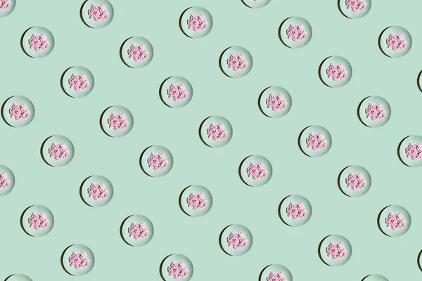 Минималистическая Концепция Шаблона Мятными Тарелками Розовыми Яркими Цветами Пастельном Фоне — стоковое фото