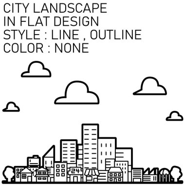 Şehir manzarası düz tasarım, siyah çizgiler, beyaz dolgular, siyah çizgiler.