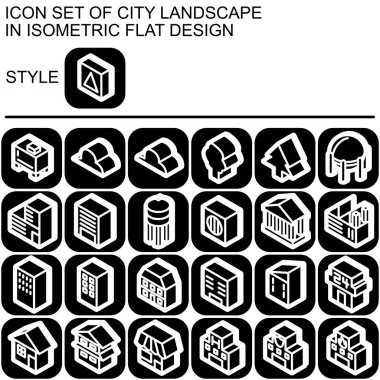 Şehir peyzaj simgesi, beyaz çizgiler, siyah dolgular, beyaz çizgiler, siyah çizgi üzerine beyaz gölgeler ve siyah dolgu arkaplanı ile izometrik düz tasarım ile ayarlandı..