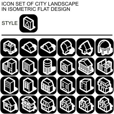 Beyaz çizgiler, siyah dolgular, beyaz çizgiler, beyaz çizgiler, yuvarlak bir kare üzerinde beyaz gölgenin şekli ve siyah dolgu arkaplanı ile izometrik düz dizayn edilmiş şehir manzara simgesi..