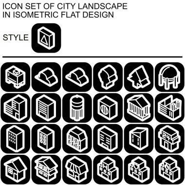 Şehir peyzaj simgesi beyaz çizgiler, siyah dolgular, yuvarlak kare siyah çizgi ve siyah dolgu arkaplanı ile izometrik düz tasarım ile ayarlandı.