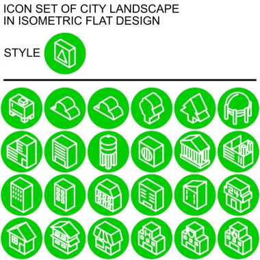 Şehir peyzaj simgesi beyaz çizgiler, yeşil çizgiler ve yeşil dolgu arkaplanı ile izometrik düz tasarım ile ayarlandı.