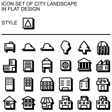 Şehir peyzaj simgesi düz dizayn edilmiş siyah çizgiler, beyaz dolgular, damla gölgesi.