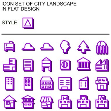 Şehir peyzaj simgesi düz dizaynlı mor çizgiler, beyaz dolgular, damla gölgesi.