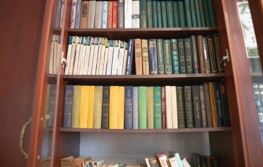 Yaremche, Ukrayna 'da halk kütüphanesinde klasik edebiyat ve eğitim kitaplarıyla dolu bir kitaplık. Fotoğraf Temmuz 2025 'te çekildi..